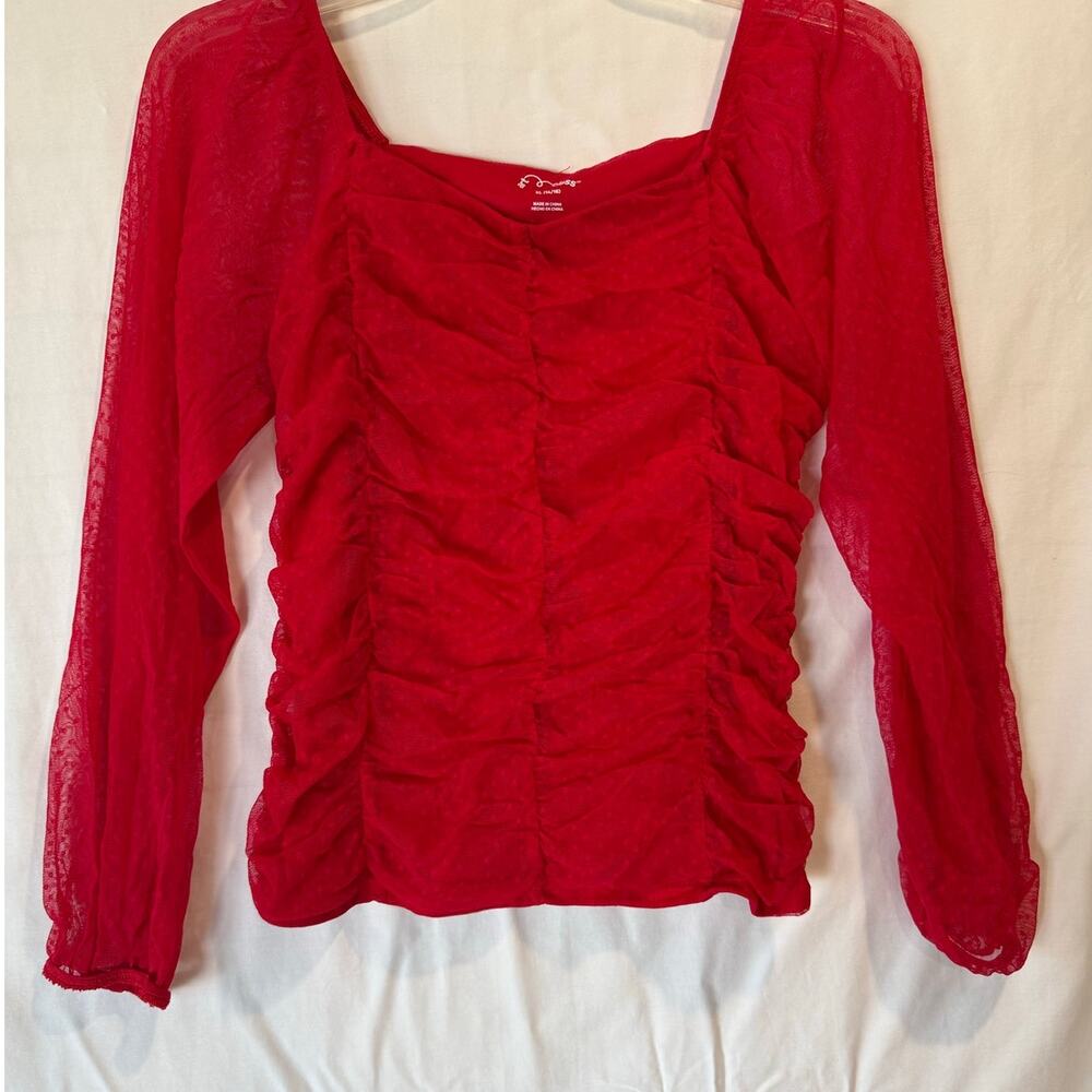 Girl's Art Class Red Ruched front long sleeve square neckline sheer sleeves XL